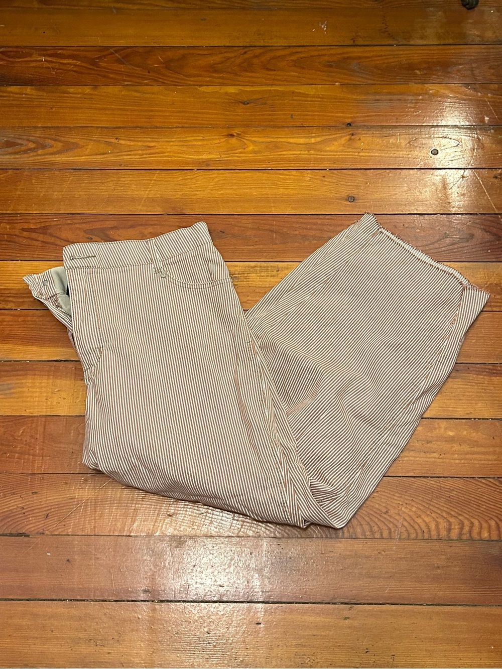Democracy Tan and White Pinstripe Barrel Cut Pants